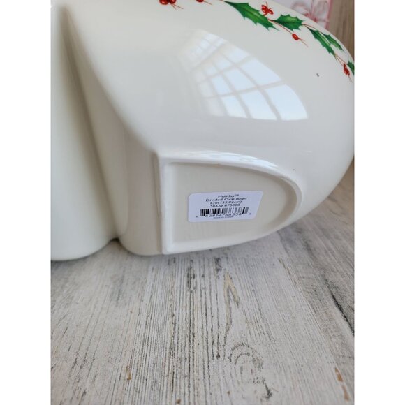 Lenox NEW white winter greetings divided oval bowl mistletoe Xmas kitchen - Picture 8 of 9